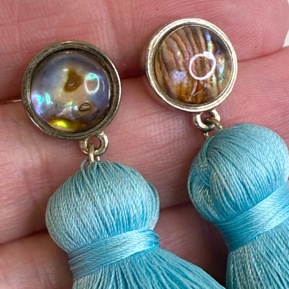 BaubleBar Tassel Earrings Tiered Fringe Turquoise Blue Abalone Shell Statement - Picture 3 of 14